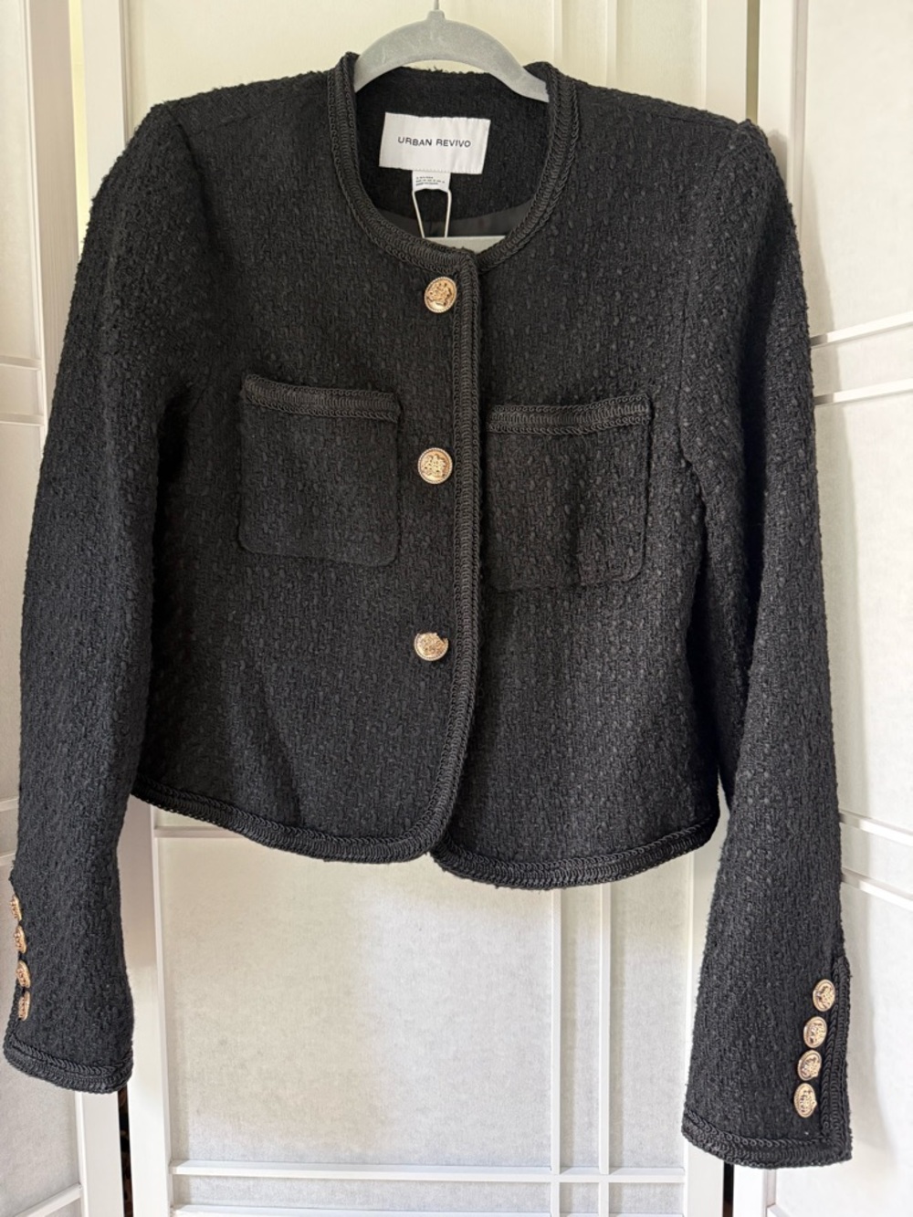 Urban Revivo Black Tweed Gold-Button Cropped Jacket